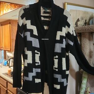 Lauren Ralph Lauren. Open Front Geometric Knit Cardigan in Black and Cream.